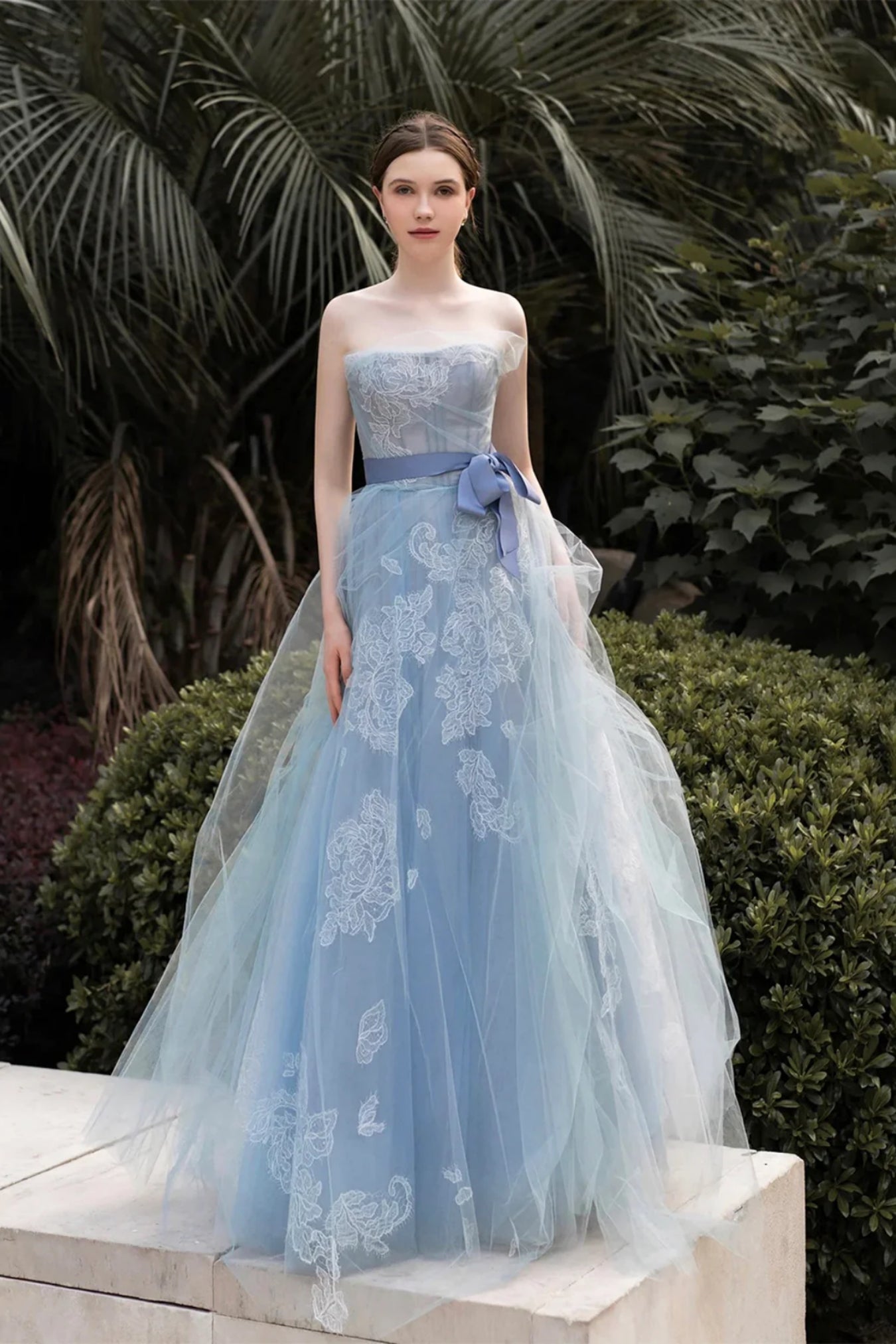 Blue Lace Strapless A Line Long Prom Dresses, Blue Lace Formal Dresses, Long Blue Evening Dresses WT1325