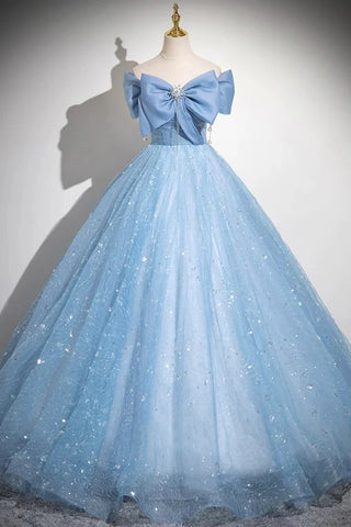 Blue/Pink Tulle Off the Shoulder Long Prom Dresses with Bow, Long Blue/Pink Formal Evening Dresses, Ball Gown