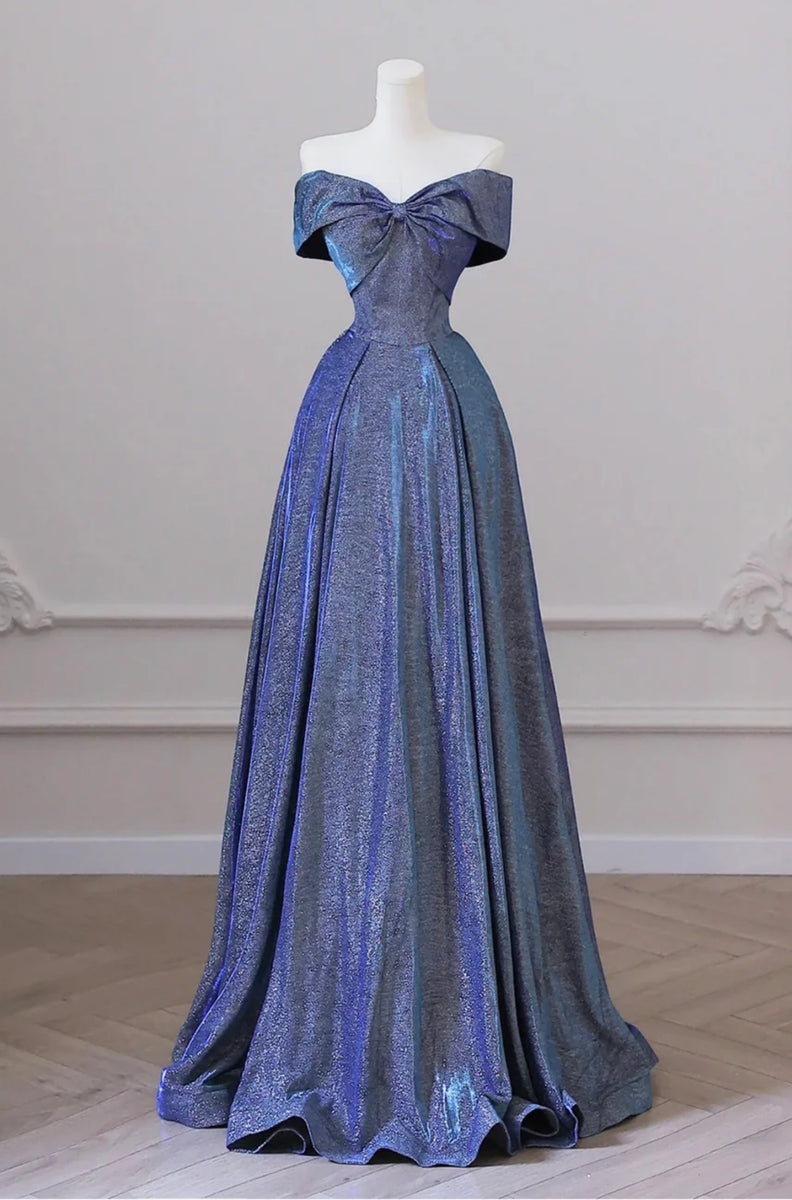 Blue Satin A Line Off Shoulder Long Prom Dresses, Long Blue Formal Dre