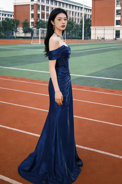 Blue Satin Off the Shoulder Mermaid Long Prom Dresses, Mermaid Blue Formal Dresses, Blue Evening Dresses WT1813