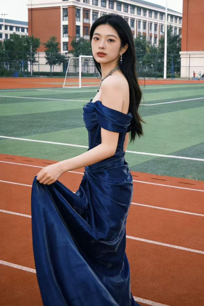 Blue Satin Off the Shoulder Mermaid Long Prom Dresses, Mermaid Blue Formal Dresses, Blue Evening Dresses WT1813