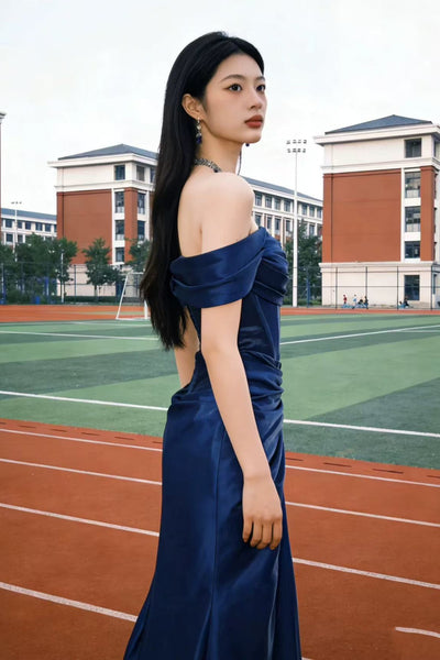 Blue Satin Off the Shoulder Mermaid Long Prom Dresses, Mermaid Blue Formal Dresses, Blue Evening Dresses WT1813