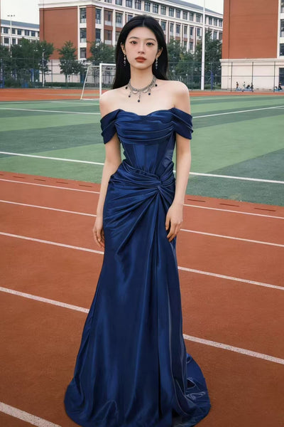 Blue Satin Off the Shoulder Mermaid Long Prom Dresses, Mermaid Blue Formal Dresses, Blue Evening Dresses WT1813