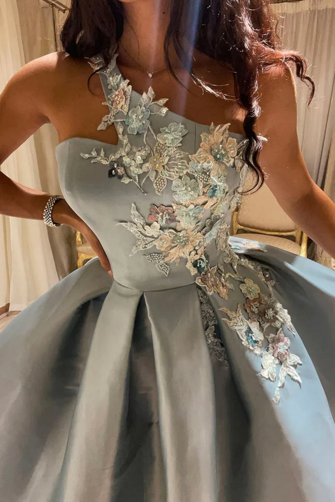 Blue Satin One Shoulder Knee Length Prom Dresses with Appliques, One S Lwt Dress Blue Satin One Shoulder Knee Length Prom Dresses with Appliques, One S Lwt Dress