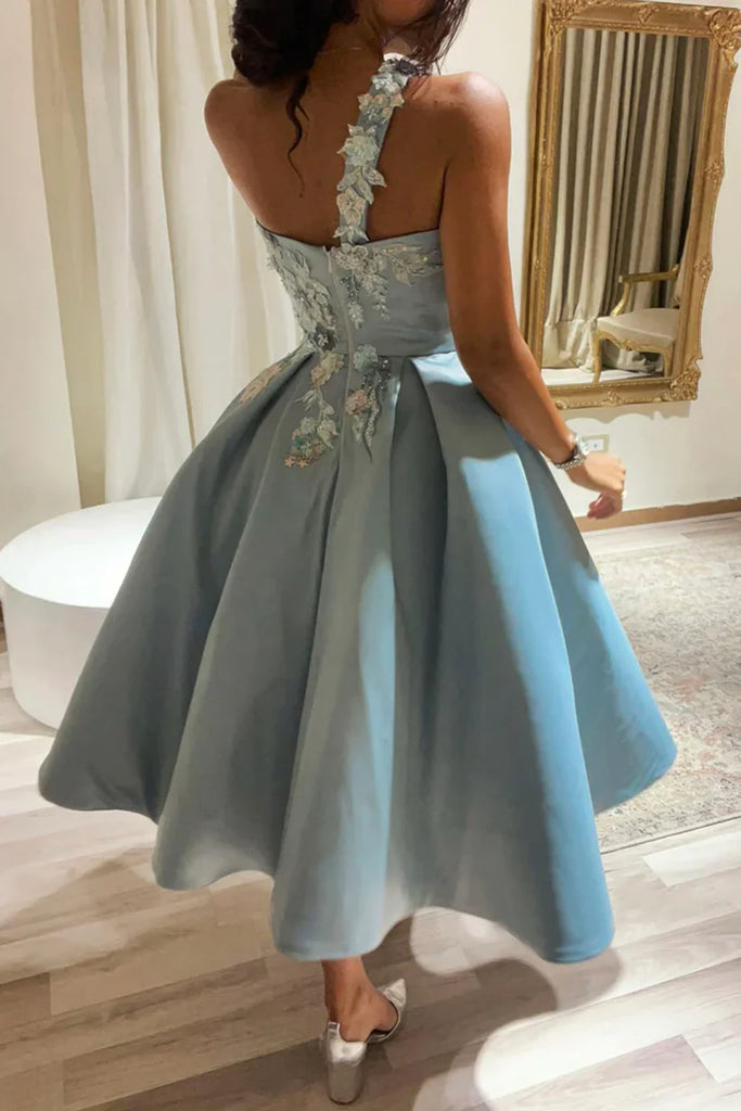 Blue Satin One Shoulder Knee Length Prom Dresses with Appliques, One S Lwt Dress Blue Satin One Shoulder Knee Length Prom Dresses with Appliques, One S Lwt Dress