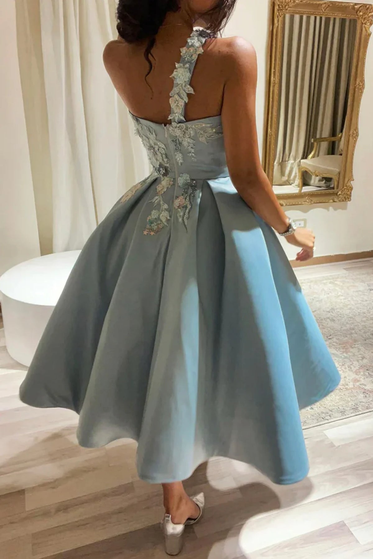 Blue Satin One Shoulder Knee Length Prom Dresses with Appliques, One S –  Lwt Dress