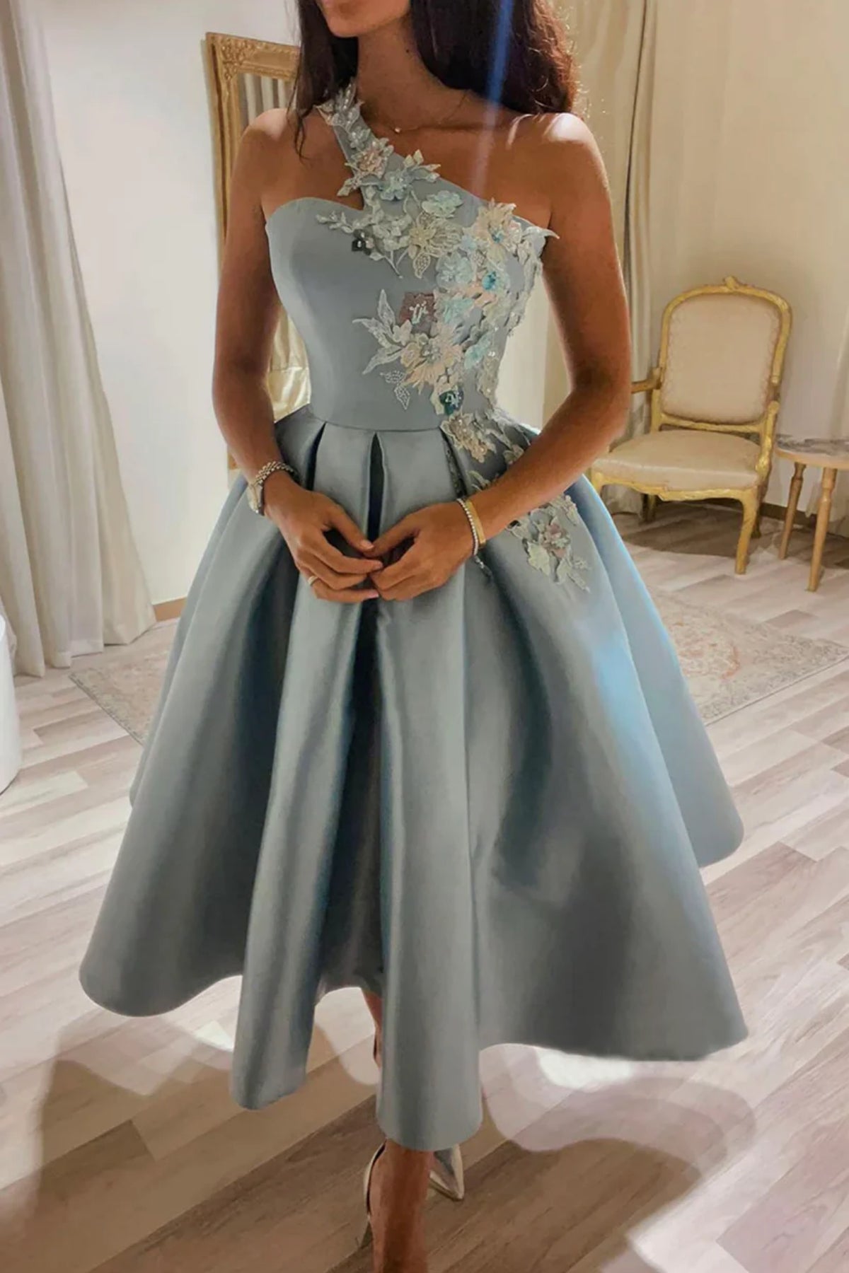 Blue Satin One Shoulder Knee Length Prom Dresses with Appliques, One S Lwt Dress Blue Satin One Shoulder Knee Length Prom Dresses with Appliques, One S Lwt Dress
