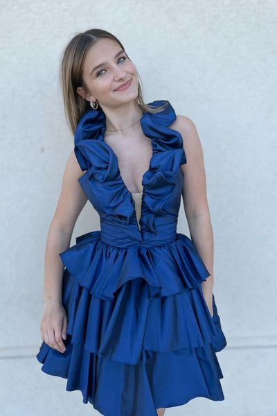 Blue Satin Pretty V Neck Layered Short Prom Dresses, Short Blue Homecoming Dresses WT1506