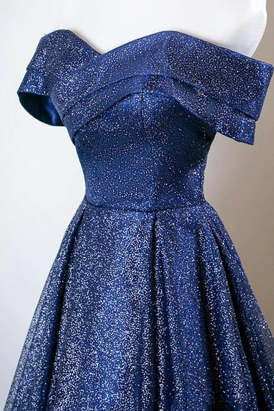 Blue Sequins A Line Off the Shoulder Long Prom Dresses, Off Shoulder Blue Formal Graduation Evening Dresses WT1656