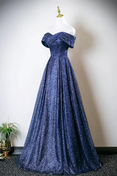 Blue Sequins A Line Off the Shoulder Long Prom Dresses, Off Shoulder Blue Formal Graduation Evening Dresses WT1656