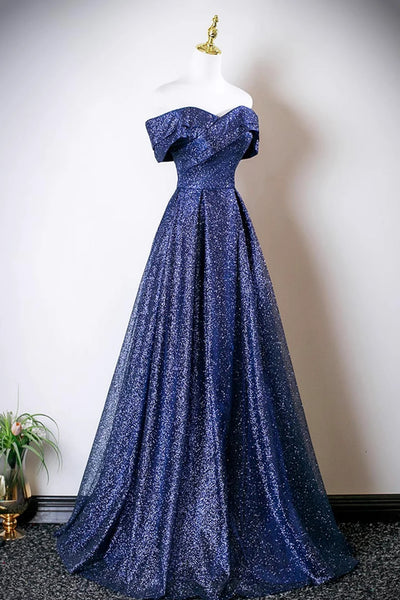 Blue Sequins A Line Off the Shoulder Long Prom Dresses, Off Shoulder Blue Formal Graduation Evening Dresses WT1656