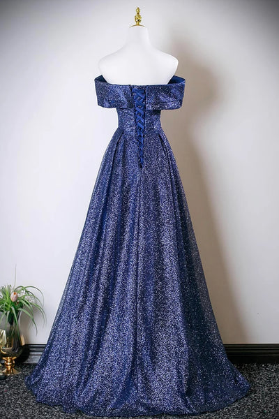 Blue Sequins A Line Off the Shoulder Long Prom Dresses, Off Shoulder Blue Formal Graduation Evening Dresses WT1656