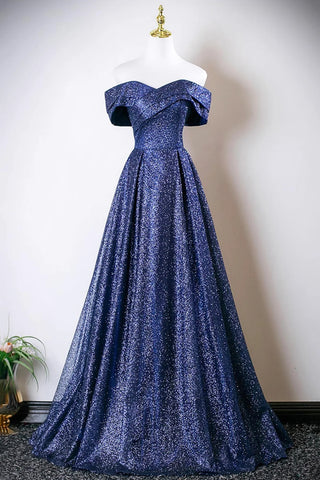 Blue Sequins A Line Off the Shoulder Long Prom Dresses, Off Shoulder Blue Formal Graduation Evening Dresses WT1656