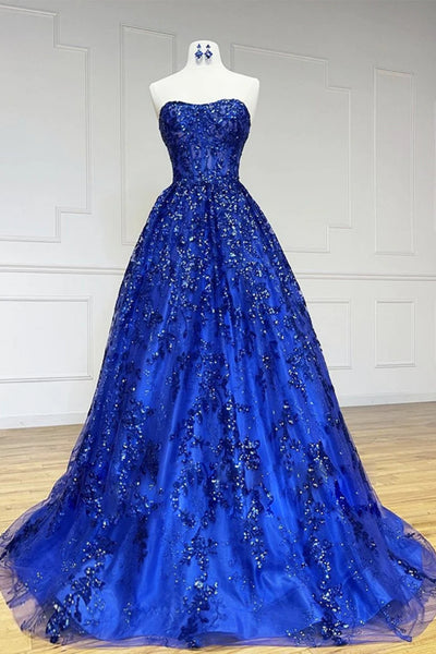 Blue Sequins Lace Strapless Long Prom Dresses, Blue Lace Formal Dresses, Sequins Lace Evening Dresses WT1434
