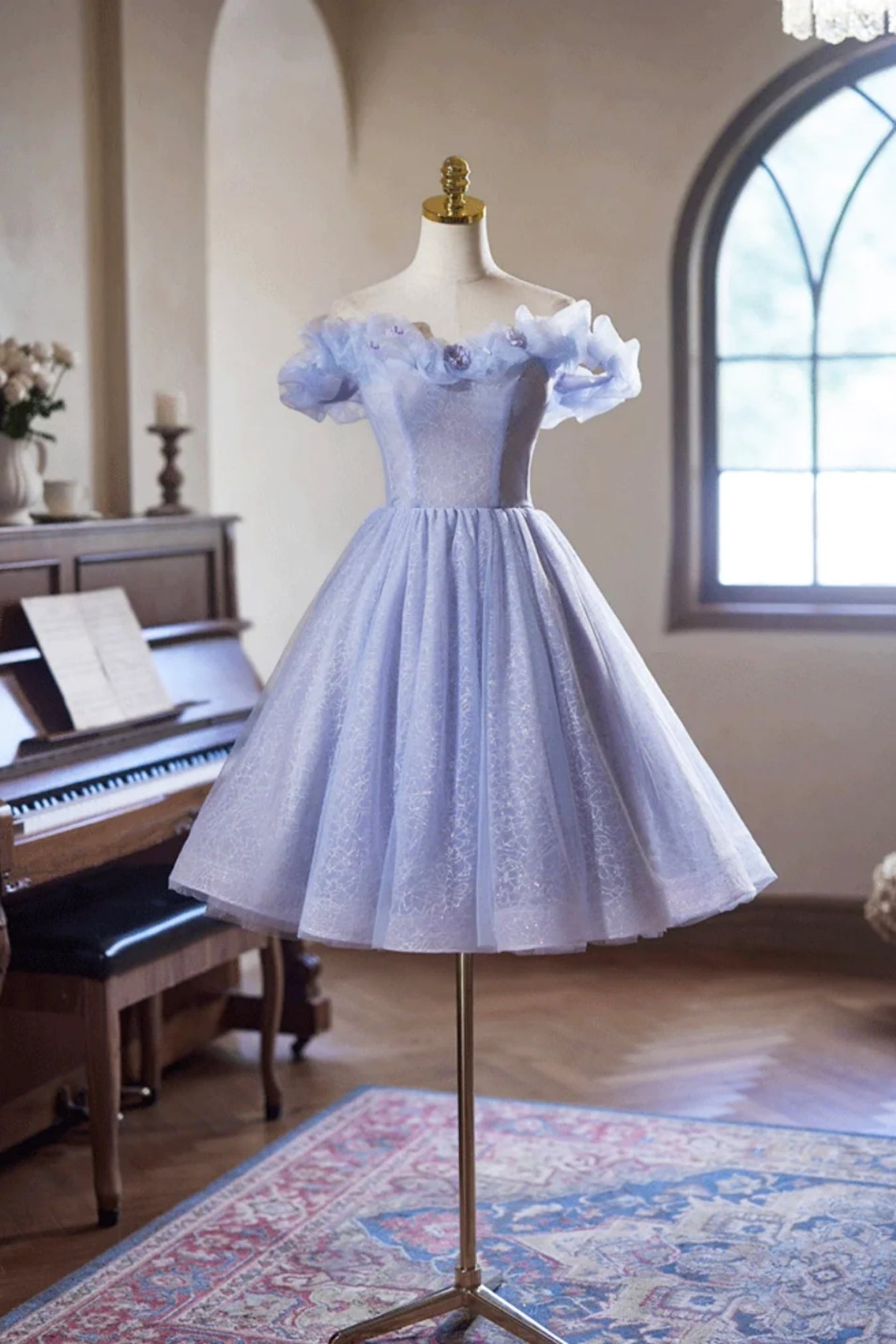 Blue Shiny Off the Shoulder Blue Short Prom Dresses with Flowers, Off Lwt Dress Blue Shiny Off the Shoulder Blue Short Prom Dresses with Flowers, Off Lwt Dress