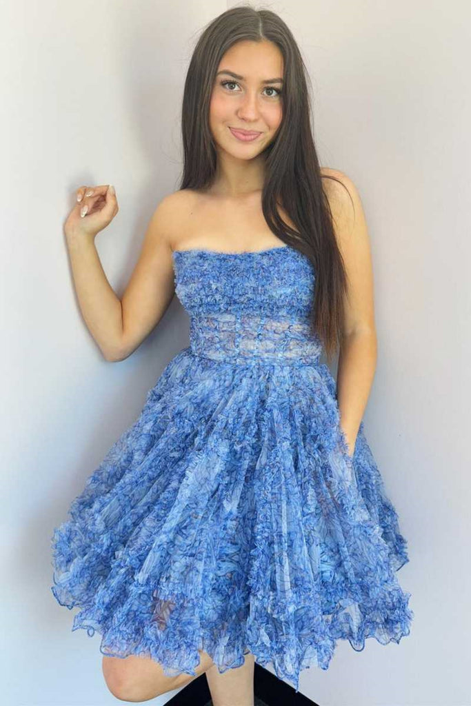 Blue Strapless Printing Lace Prom Dresses, Blue Lace Homecoming Dresse