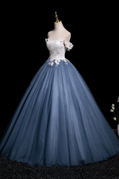 Blue Tulle A Line Off the Shoulder White Lace Long Prom Dresses with Appliques, Long Blue Formal Graduation Evening Dresses WT1666