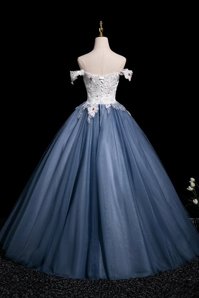 Blue Tulle A Line Off the Shoulder White Lace Long Prom Dresses with Appliques, Long Blue Formal Graduation Evening Dresses WT1666