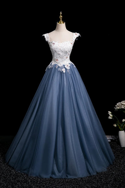 Blue Tulle A Line Off the Shoulder White Lace Long Prom Dresses with Appliques, Long Blue Formal Graduation Evening Dresses WT1666