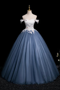 Blue Tulle A Line Off the Shoulder White Lace Long Prom Dresses with Appliques, Long Blue Formal Graduation Evening Dresses WT1666