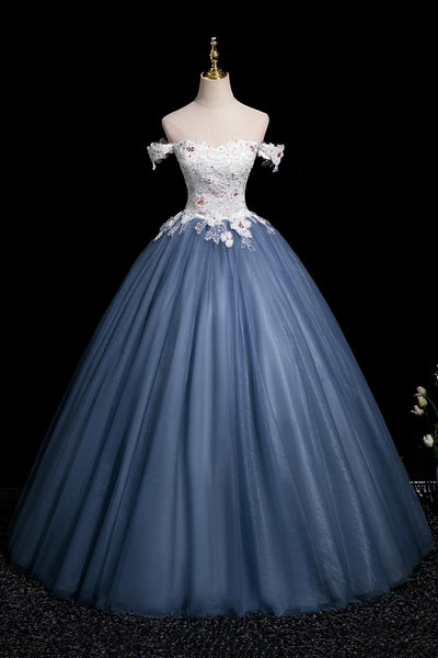 Blue Tulle A Line Off the Shoulder White Lace Long Prom Dresses with Appliques, Long Blue Formal Graduation Evening Dresses WT1666