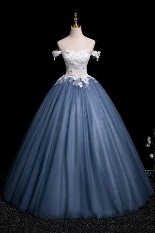 Blue Tulle A Line Off the Shoulder White Lace Long Prom Dresses with Appliques, Long Blue Formal Graduation Evening Dresses WT1666