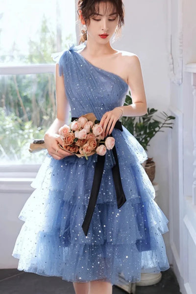 Blue Tulle A Line One Shoulder Layered Short Prom Dresses, One Shoulder Blue Homecoming Dresses WT1673