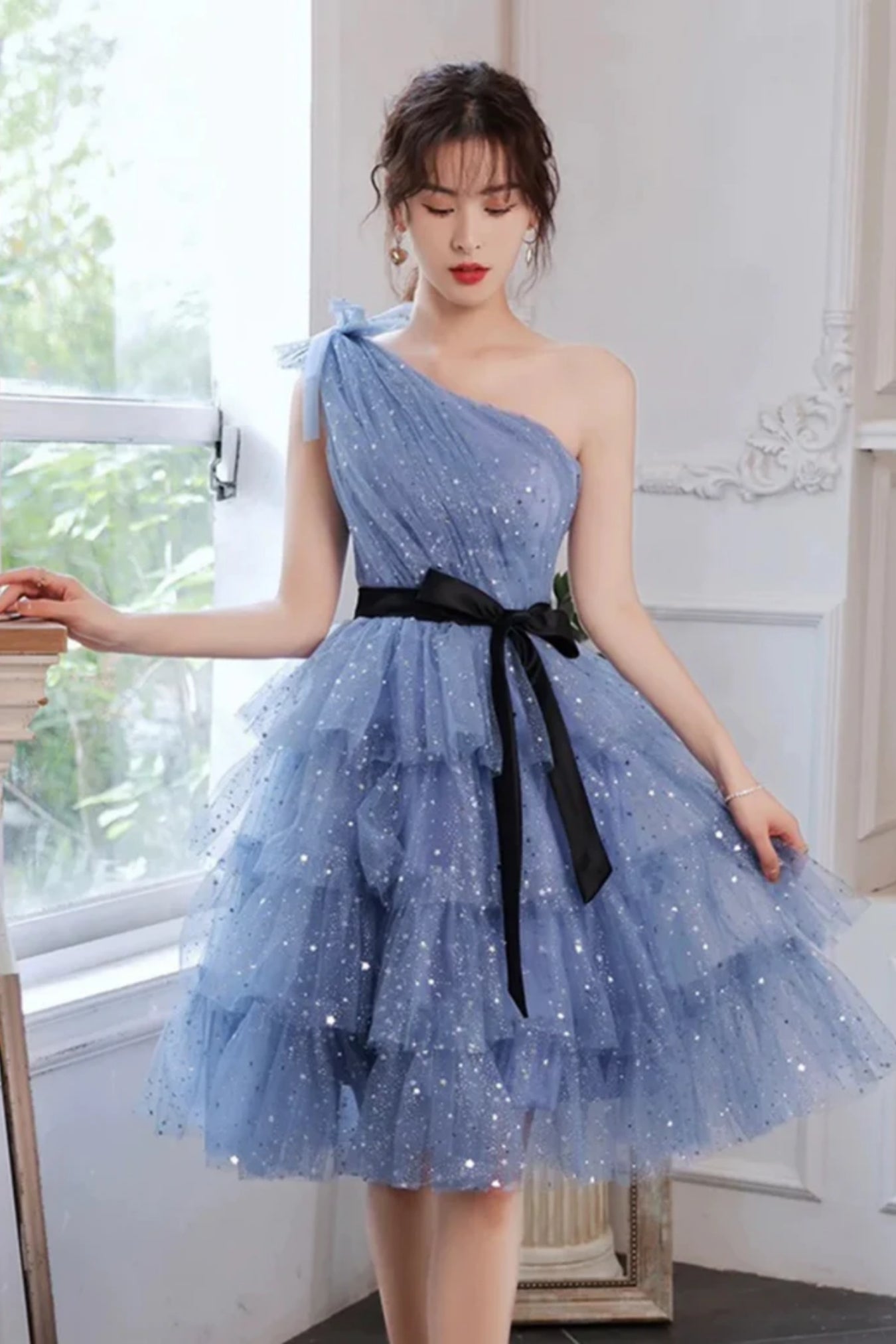 Blue Tulle A Line One Shoulder Layered Short Prom Dresses, One Shoulder Blue Homecoming Dresses WT1673