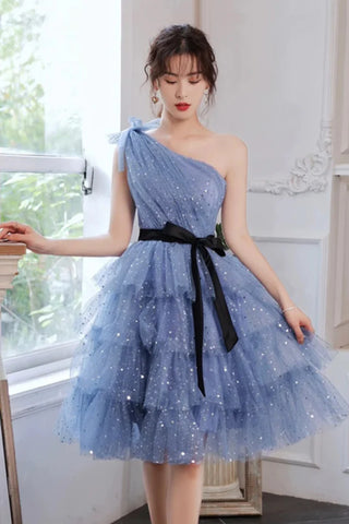 Blue Tulle A Line One Shoulder Layered Short Prom Dresses, One Shoulder Blue Homecoming Dresses WT1673