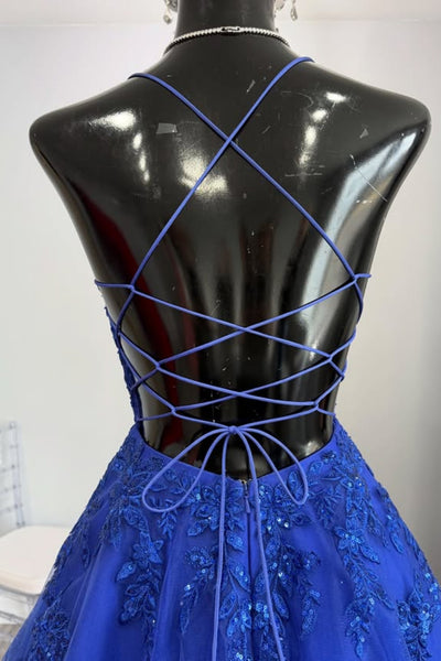 Blue Tulle A Line Open Back Lace Long Prom Dresses, Blue Lace Formal Dresses, Blue Evening Dresses WT1770