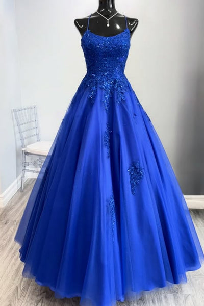 Blue Tulle A Line Open Back Lace Long Prom Dresses, Blue Lace Formal Dresses, Blue Evening Dresses WT1770