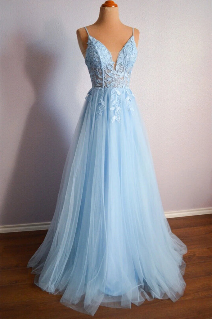 Blue Tulle A Line Open Back V Neck Lace Long Prom Dresses, V Neck Blue Lwt Dress Blue Tulle A Line Open Back V Neck Lace Long Prom Dresses, V Neck Blue Lwt Dress