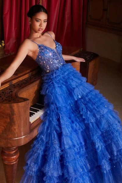 Blue Tulle A Line V Neck Beaded Ruffle Long Prom Dresses, Blue Lace Formal Dresses, Beaded Blue Evening Dresses WT1737