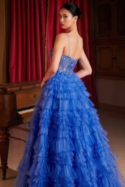 Blue Tulle A Line V Neck Beaded Ruffle Long Prom Dresses, Blue Lace Formal Dresses, Beaded Blue Evening Dresses WT1737