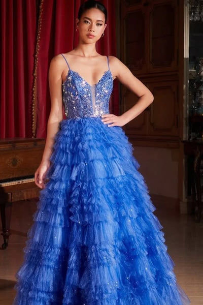 Blue Tulle A Line V Neck Beaded Ruffle Long Prom Dresses, Blue Lace Formal Dresses, Beaded Blue Evening Dresses WT1737