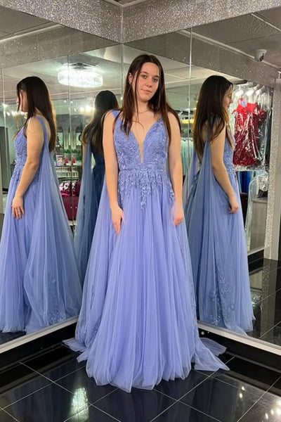 Blue Tulle A Line V Neck Lace Long Prom Dresses, Blue Lace Formal Dresses, Blue Evening Dresses WT1790