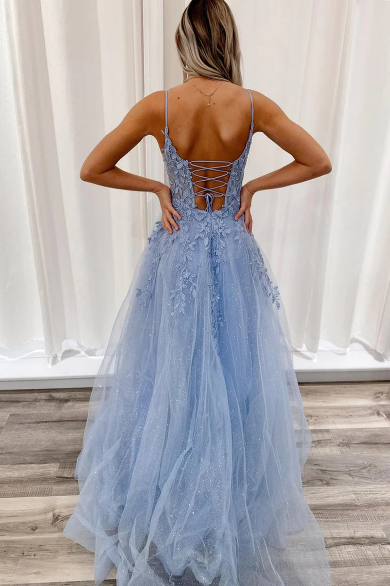 Blue Tulle A Line V Neck Open Back Lace Long Prom Dresses, Blue Lace F