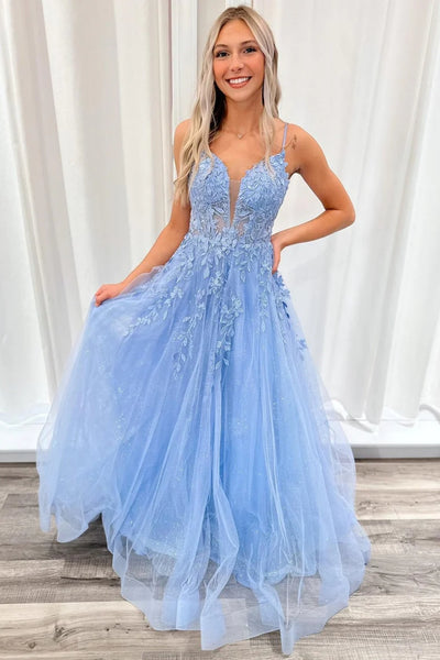 Blue Tulle A Line V Neck Open Back Lace Long Prom Dresses, Blue Lace Formal Dresses, Blue Evening Dresses WT1354