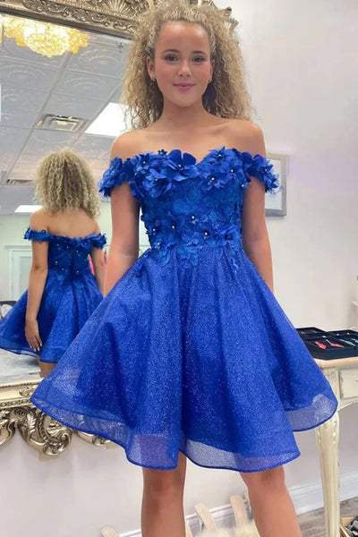 Blue Tulle Off Shoulder Lace Floral Short Prom Dresses, Off the Shoulder Blue Homecoming Dresses, Blue Formal Graduation Evening Dresses with 3D Flowers WT1514