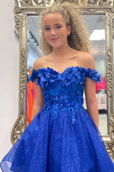 Blue Tulle Off Shoulder Lace Floral Short Prom Dresses, Off the Shoulder Blue Homecoming Dresses, Blue Formal Graduation Evening Dresses with 3D Flowers WT1514