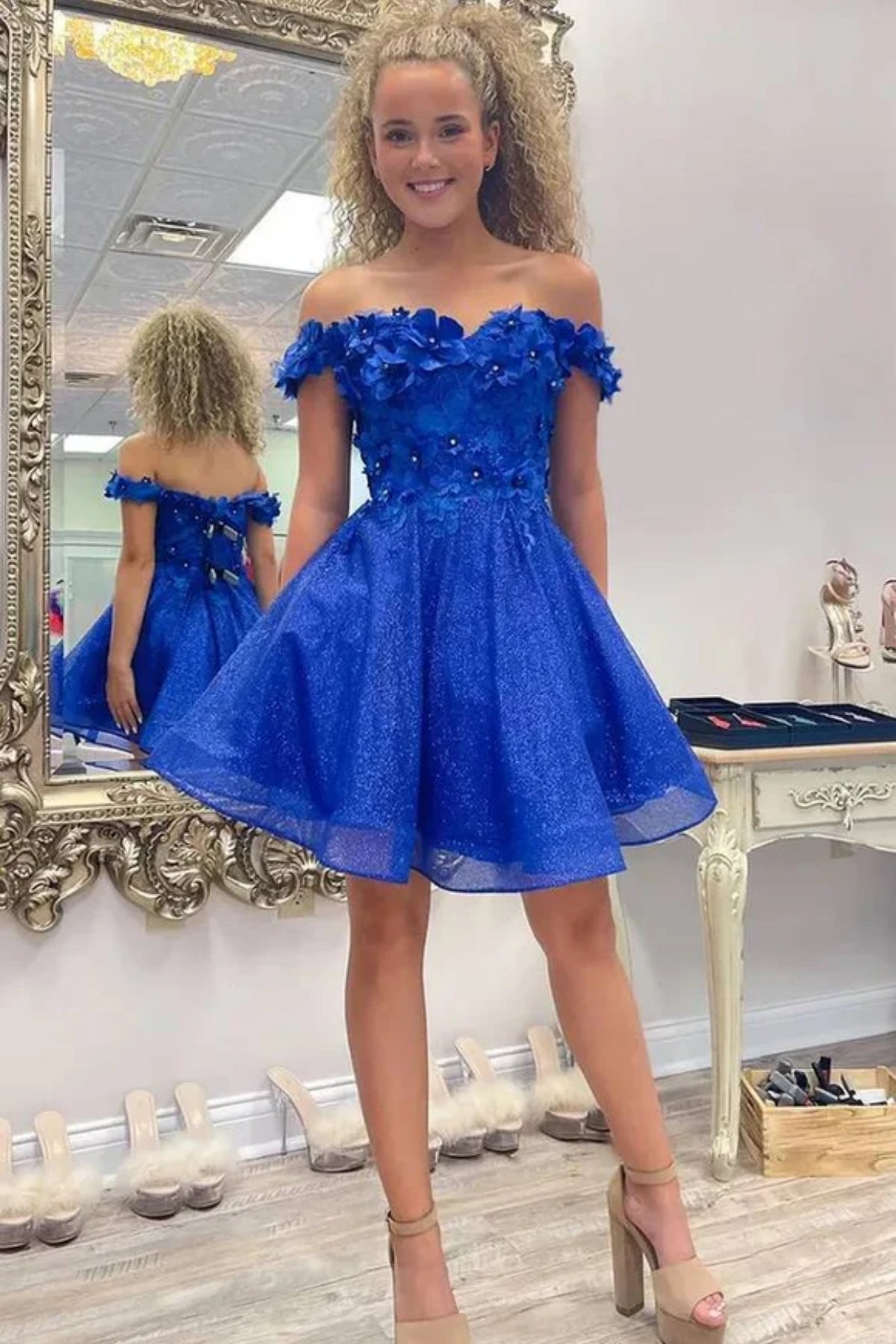 Blue Tulle Off Shoulder Lace Floral Short Prom Dresses, Off the Shoulder Blue Homecoming Dresses, Blue Formal Graduation Evening Dresses with 3D Flowers WT1514