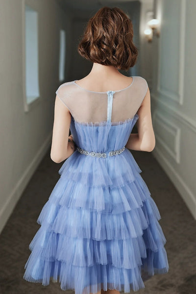 Blue Tulle Round Neck Layered Beaded Prom Dresses, Short Blue Homecoming Dresses, Blue Formal Graduation Evening Dresses WT1297