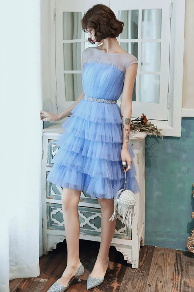 Blue Tulle Round Neck Layered Beaded Prom Dresses, Short Blue Homecomi Lwt Dress Blue Tulle Round Neck Layered Beaded Prom Dresses, Short Blue Homecomi Lwt Dress