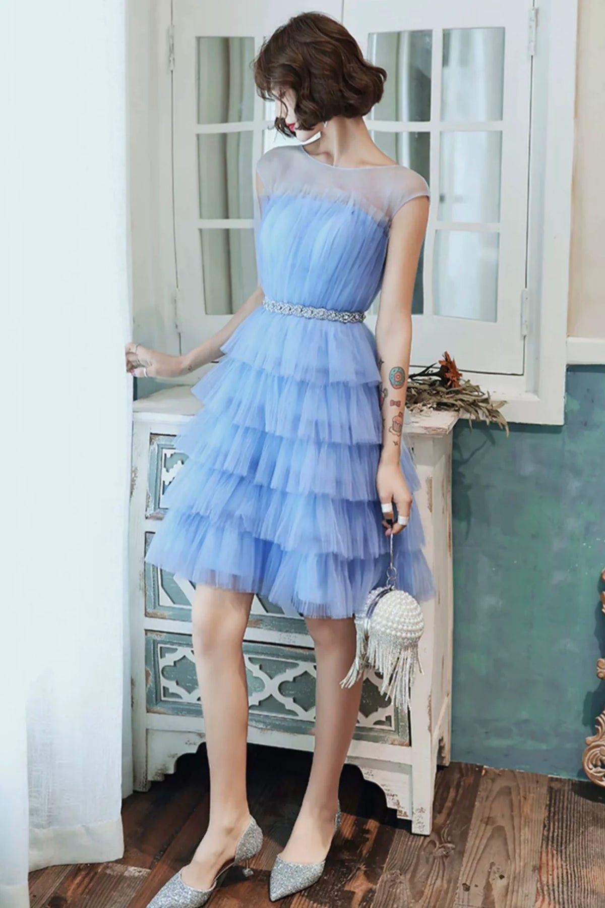 Blue Tulle Round Neck Layered Beaded Prom Dresses, Short Blue Homecomi Lwt Dress Blue Tulle Round Neck Layered Beaded Prom Dresses, Short Blue Homecomi Lwt Dress