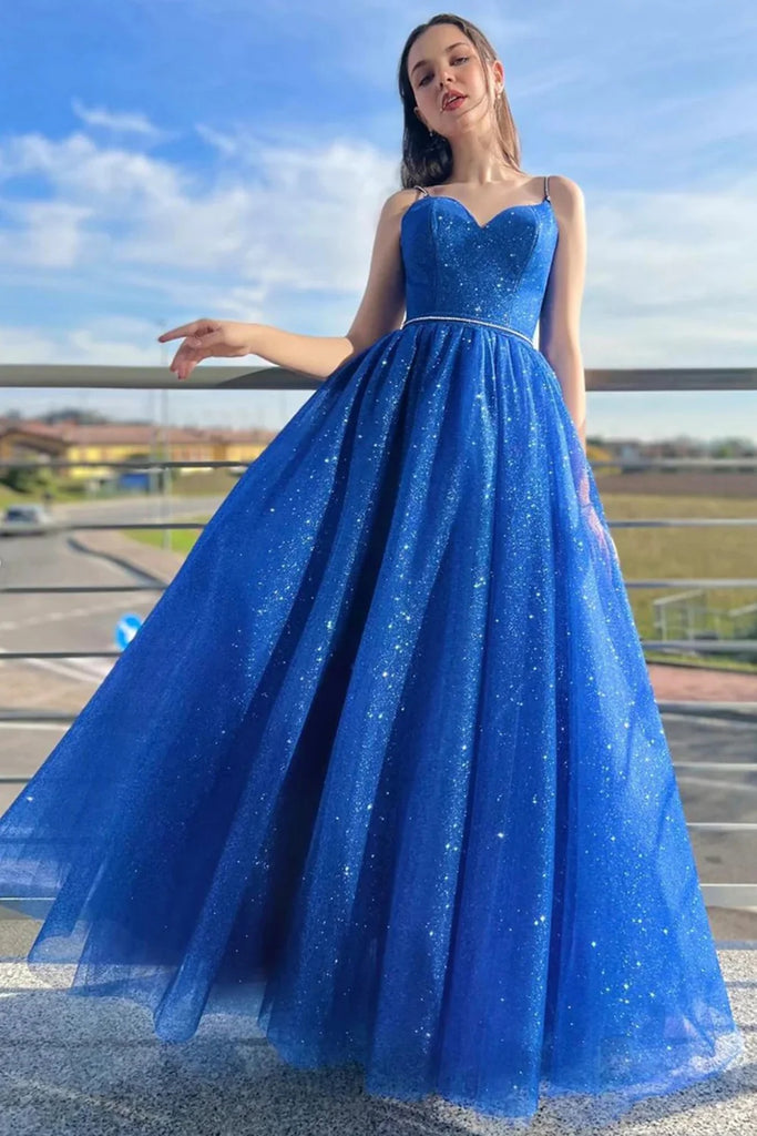 Blue Tulle Shiny V Neck Long Prom Dresses with Belt, Shiny Blue Formal