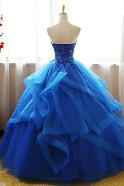 Blue Tulle Strapless Beaded Long Prom Dresses, Beaded Blue Formal Evening Dresses, Blue Ball Gown WT1449