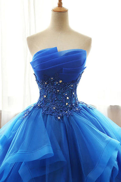 Blue Tulle Strapless Beaded Long Prom Dresses, Beaded Blue Formal Evening Dresses, Blue Ball Gown WT1449