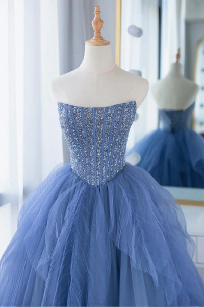 Blue Tulle Strapless Long Prom Dresses with Sequins Top, Long Blue Formal Evening Dresses WT1537