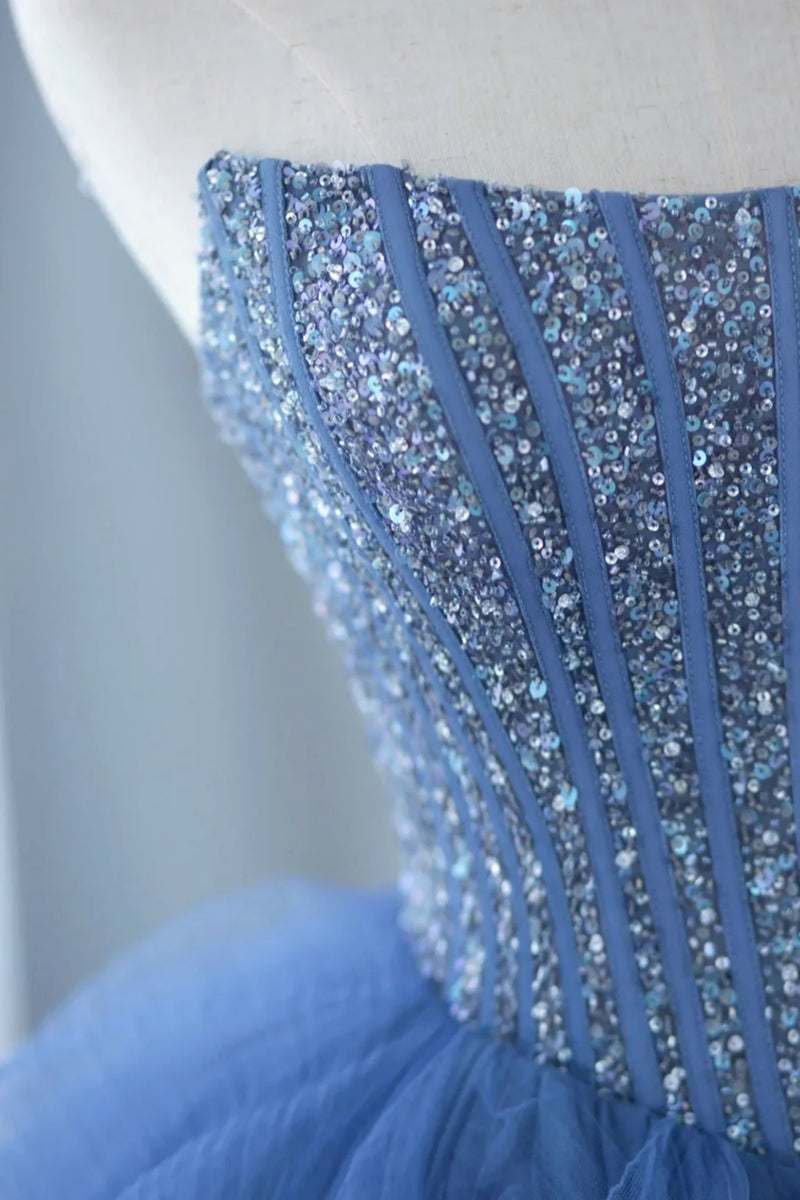 Blue Tulle Strapless Long Prom Dresses with Sequins Top, Long Blue For ...