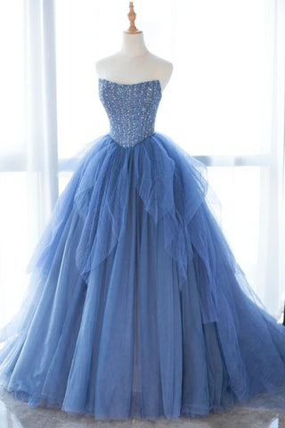 Blue Tulle Strapless Long Prom Dresses with Sequins Top, Long Blue Formal Evening Dresses WT1537